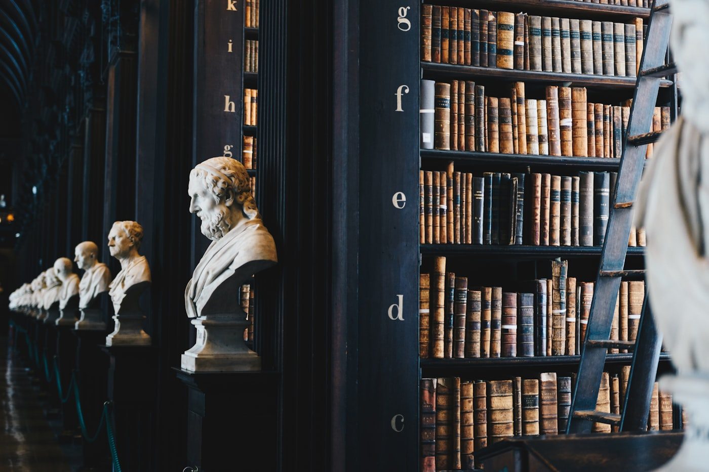 The long room of a historic law library lined with leather-bound volumes and marble busts